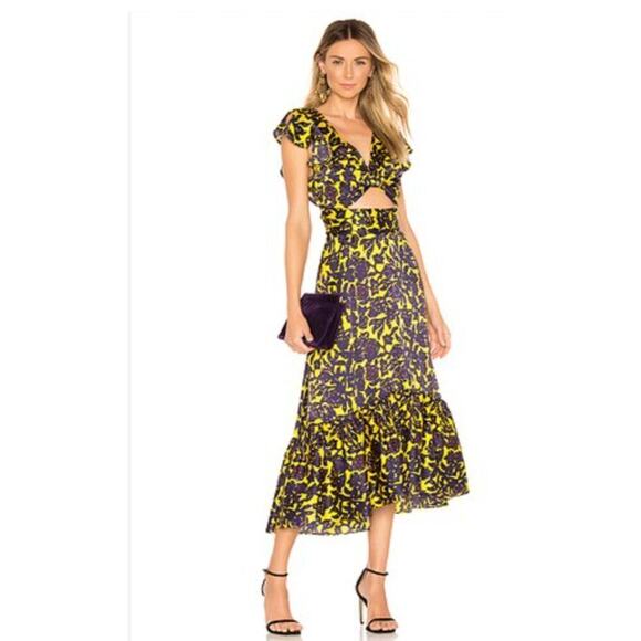 A.L.C Sz 2 Valencia Purple Yellow Floral Silk Cutout Ruffle Midi Dress - Picture 11 of 13